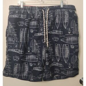 Lands' End Swimsuit Men's Nautical Sailboat Blueprints XL‎ 40-42 Navy Blue Beach